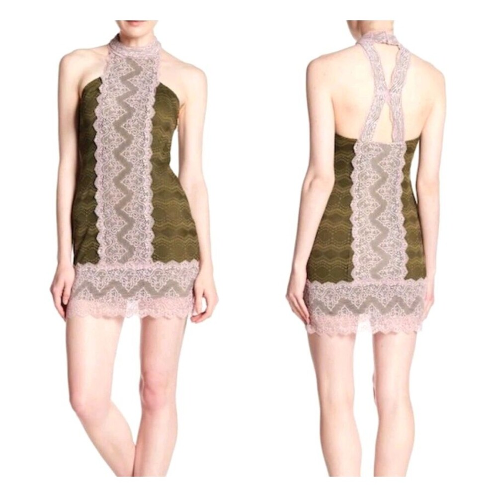 NWT Free People Women's Mini Dress XS Green Pink Lace "Natasha" Sleeveless